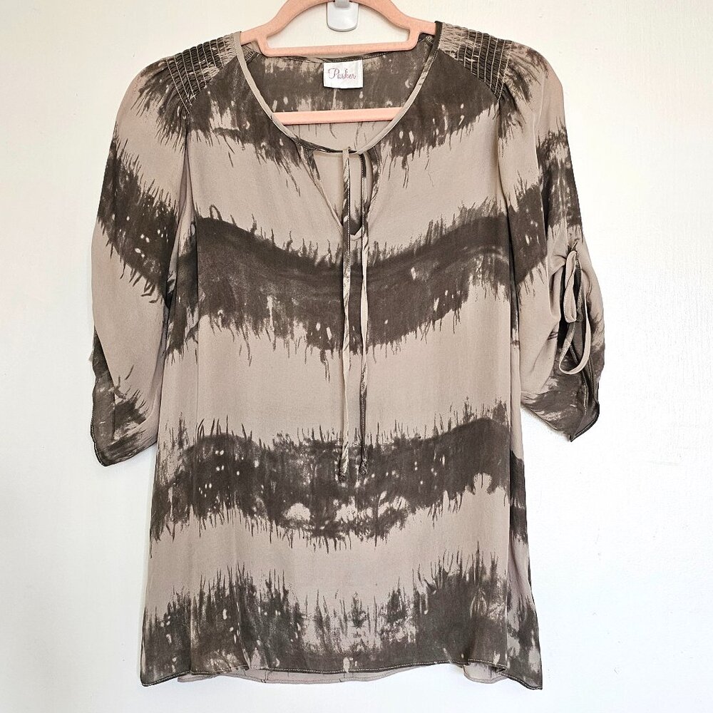 Parker 100% Silk Short Sleeve Keyhole Blouse Top, XS